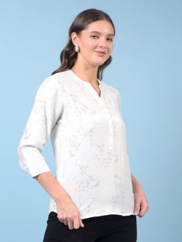 CRIMSOUNE CLUB - White Floral Print Mandarin Neck Top