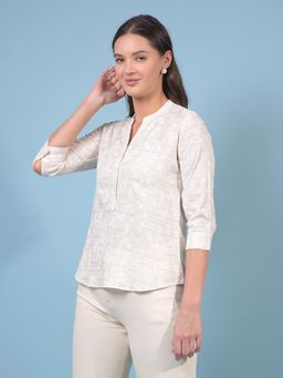 CRIMSOUNE CLUB - Beige Floral Print Mandarin Neck Linen Top