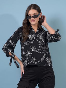 CRIMSOUNE CLUB - Black Floral Print Mandarin Neck Top