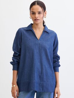 Femmella - Navy Blue Cuffed Sleeves Denim Top