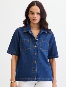 Femmella - Navy Blue Denim Half Sleeves Shirt