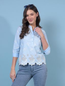 CRIMSOUNE CLUB - Blue Embroidered Cotton Mandarin Neck Top