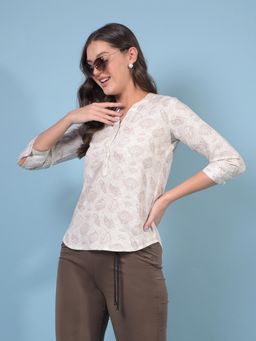 CRIMSOUNE CLUB - Beige Printed Mandarin Neck Linen Top