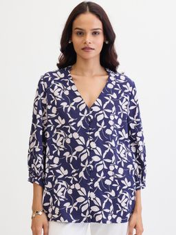 Femmella - Navy Floral Button Down Top