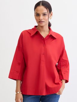 Femmella - Red Poplin Pleat Detail Shirt