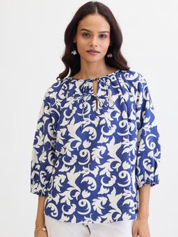 Femmella - Blue and White Abstract Printed Top