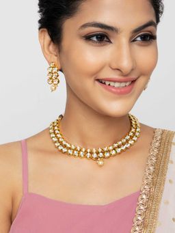 Indya - Gold Kundan Double Layered Pearl Drop Earring and Necklace (Set of 2)