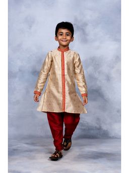 Ahalyaa Kids - Boys Beige Poly Silk Gold Print Kids Kurta Churidar Set