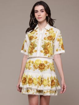 Label Ritu Kumar - Women Off White Cotton Floral Shirt with Skirt (Set of 2)