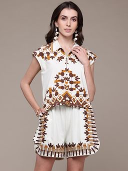 Label Ritu Kumar - Women Off White Cotton Printed Top with Shorts (Set of 2)