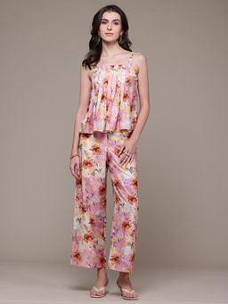 Label Ritu Kumar - Women Pink Linen Floral Co-Ord (Set of 2)