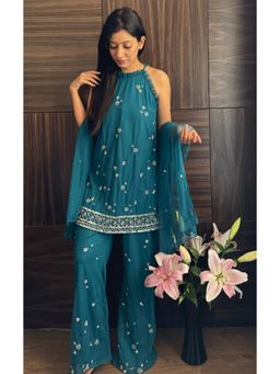 Galocher Clothing - Women Teal Mesh Embroidered Tunic with Pant and Dupatta (Set of 3)
