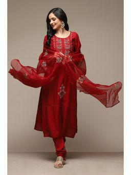 Biba - Red Silk Tussar Unstitched Suit (Set of 3)