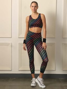 SOIE - Women's Medium Impact Racerback Typography Athleisure Sports Bra and Tights (Set of 2)