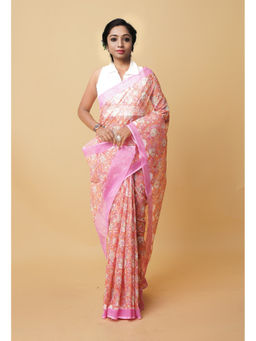 Unnati Silks - Orange Pure Hand Block Printed Kota Saree