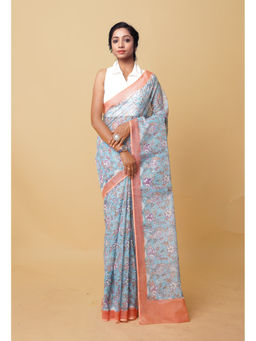Unnati Silks - Blue Pure Hand Block Printed Kota Saree