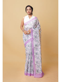 Unnati Silks - White Pure Hand Block Printed Kota Saree