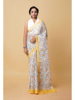 Unnati Silks - White Pure Hand Block Printed Kota Saree
