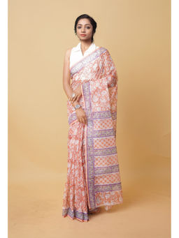 Unnati Silks - Orange Pure Hand Block Printed Kota Saree