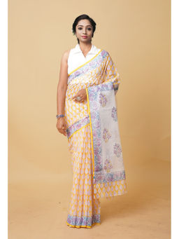 Unnati Silks - Yellow Pure Hand Block Printed Kota Saree
