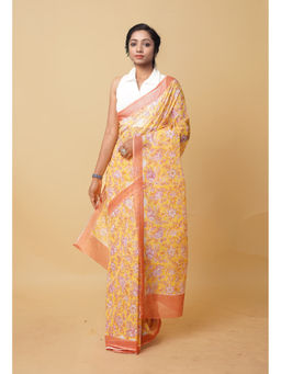 Unnati Silks - Yellow Pure Hand Block Printed Kota Saree