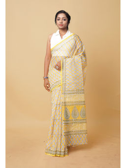 Unnati Silks - Yellow Pure Hand Block Printed Kota Saree