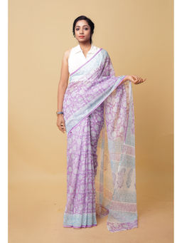 Unnati Silks - Purple Pure Hand Block Printed Kota Saree