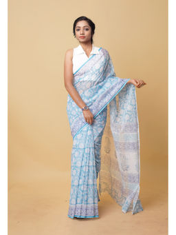 Unnati Silks - Blue Pure Hand Block Printed Kota Saree