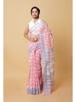 Unnati Silks - Pink Pure Hand Block Printed Kota Saree