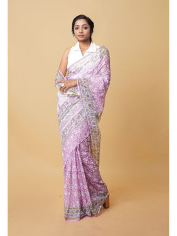 Unnati Silks - Purple Pure Hand Block Printed Kota Saree