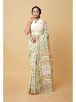 Unnati Silks - Green Pure Hand Block Printed Kota Saree