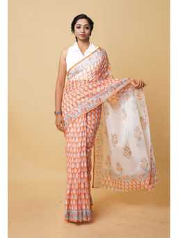 Unnati Silks - Orange Pure Hand Block Printed Kota Saree