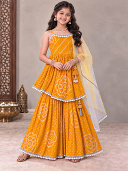 PSPeaches - Girls Yellow Ethnic Bandhani Cotton A-Line Kurti and Sharara With Dupatta