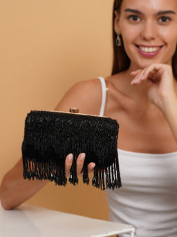 Fabbhue - Womens Fringer Black Hand Embroidered Box Clutch