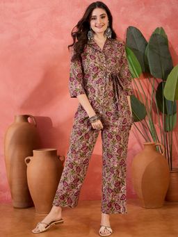 Gahan - Brown Floral Printed Collar Knot Tie Up Style Co-Ord Set