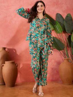 Gahan - Turquoise Floral Printed Tie Up Co-Ord Set