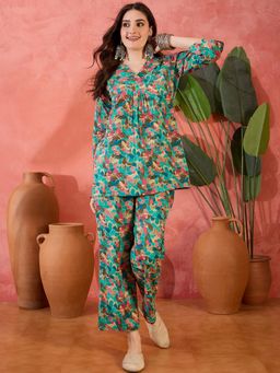 Gahan - Turquoise Floral Printed Folded Collar Style Co-Ord Set
