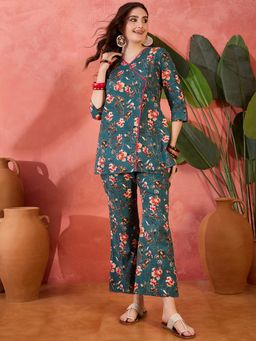 Gahan - Teal Floral Printed Lace Work Co-Ord Set
