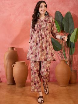 Gahan - Mauve Floral Printed Lace Embellished Co-Ord Set