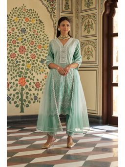 Autumnlane - Anumeha Pine Shchiffli Embroidery Cotton Kurta with Pant and Dupatta (Set of 3)