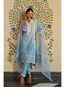 Autumnlane - Anumeha Sea Shchiffli Embroidery Cotton Kurta with Pant and Dupatta (Set of 3)