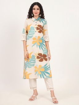 Divena - Teal/Cream Floral Printed Cotton Kurta
