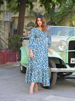 Divena - Blue Printed Rayon Fabric Flared Long Maxi Dress