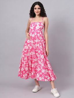 Divena - Pink Floral Shoulder Straps Cotton Midi Dress