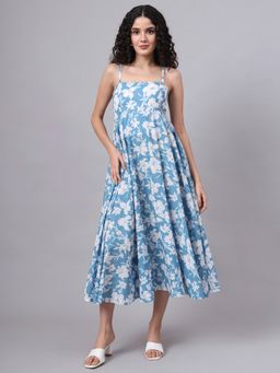 Divena - Blue Floral Shoulder Straps Cotton Midi Dress