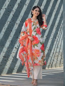 Autumnlane - Swarnali Apricot Printed Cotton Kurta with Pant and Dupatta (Set of 3)