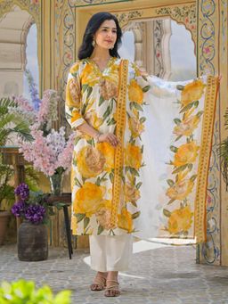 Autumnlane - Swarnali Marigold Printed Cotton Kurta with Pant and Dupatta (Set of 3)