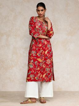 Varanga - Women Bold Floral Printed with Lace Gota Patti Detailed Yoke Kurta