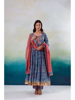 Hezal - Gazala Blue Tier Anarkali Kurta with Pant and Dupatta (Set of 3)