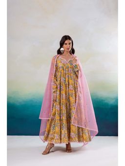 Hezal - Gazala Yellow Tier Anarkali Kurta with Pant and Dupatta (Set of 3)